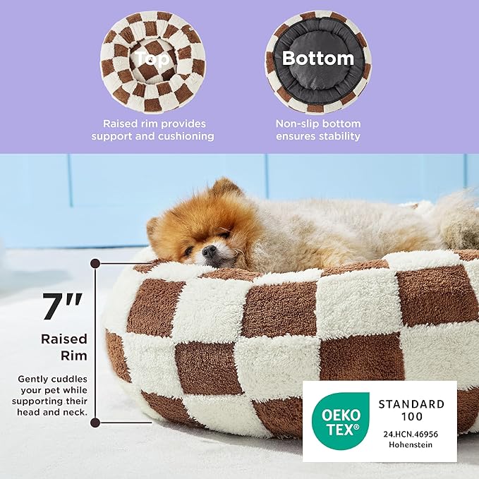 LE SURE Donut Small Dog Bed - Round Cat Beds for Indoor Cats Anti-Anxiety Calming Pet Beds, Washable Cute Modern Beds with Teddy Sherpa Plush & Anti Slip Bottom Brwon
