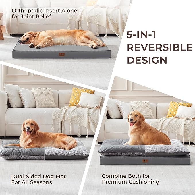 Washable Dog Bed for Medium Large Size Dog, Plush Pillow Pet Bed with Leather Egg-Crate Foam Base, Waterproof Kennel Bed with Removable Cover, 36" x 27" Comfort Cushion Bed, Dark Grey