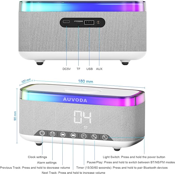 S300 16W Stereo Bluetooth Speaker with 15W Fast Wireless Charging, 13-Color Night Light, Alarm, White Noise, FM Radio, Portable, TWS, BT5.3, for PC, Smartphone, Home, Office & Bedroom (White)
