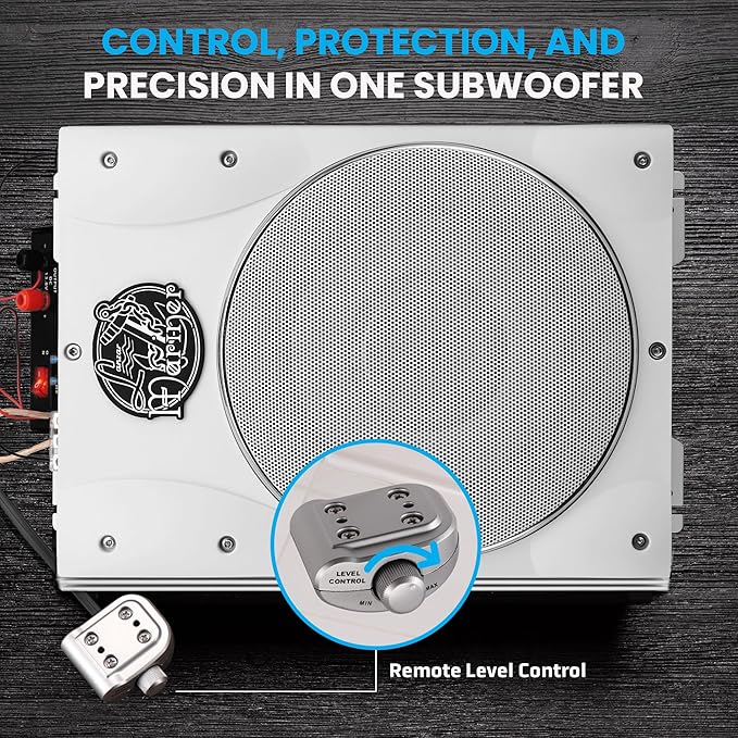 Lanzar 8'' Marine Subwoofer System – 1000W Waterproof Slim Amplified Woofer with RCA Low Level Input, Remote Control, LED Power Indicators, Adjustable Sensitivity, Bass Boost, and Protection Circuits