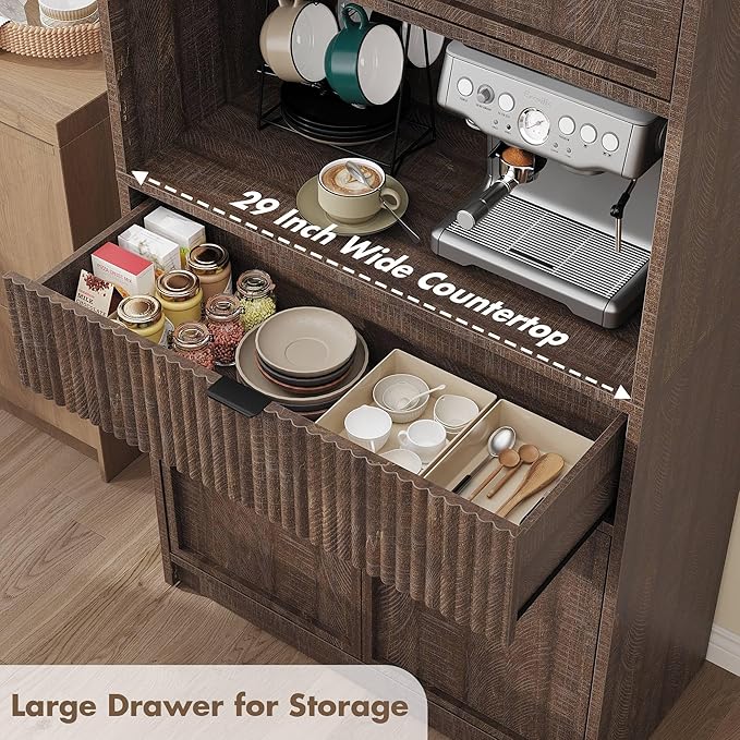 Garvee Tall Kitchen Pantry Cabinet, 70 in Pantry Storage Cabinet with Countertop, Fluted Kitchen Hutch Cabinets with Doors and Drawer, Freestanding Cupboard for Dining Room, Living Room, Brown