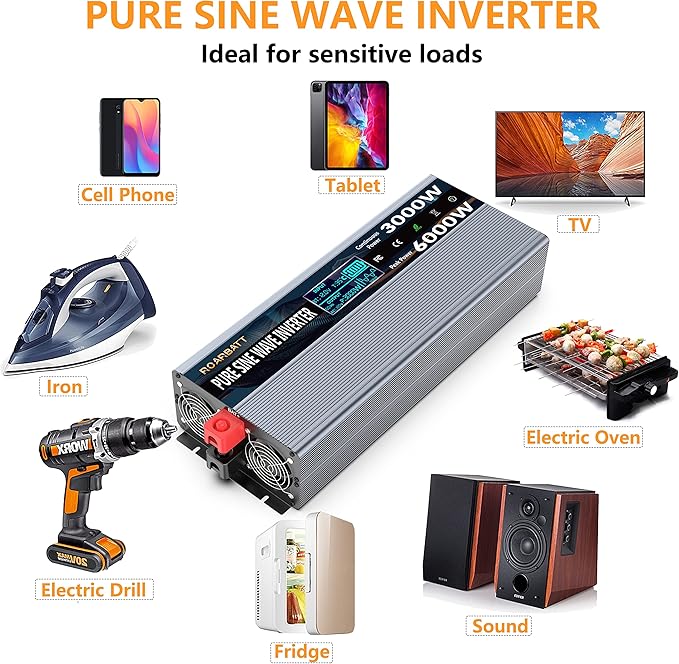 Pure Sine Wave Power Inverters 3000W 12V DC to AC 110V 120V Peak 6000W with Remote Control 4 Outlets,Dual USB Port,LED Display Terminal Blocks for Inverter Truck RV Car Solar System