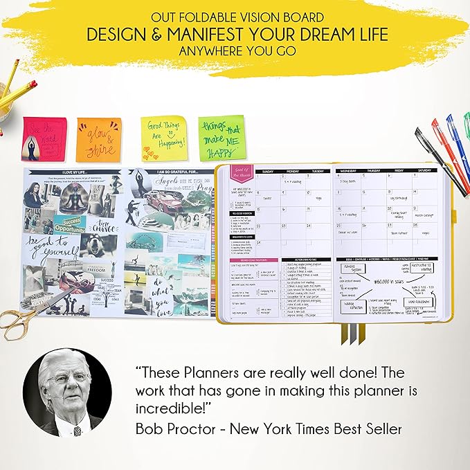 Law of Attraction Planner – Undated Hourly, Weekly & Monthly Goal Setting Planner, 12-Month to Increase Productivity | Life & Gratitude Journal, Include Foldable Vision Board, Gift Box & Stickers