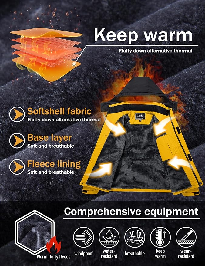 MAGCOMSEN Men's Winter Coats Water Resistant Ski Snow Jacket Warm Fleece Jacket Parka Raincoats With Hood Multi-Pockets