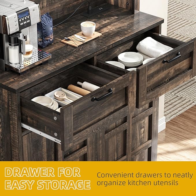 DWVO Kitchen Pantry Storage Cabinet with Tilt-Out Trash Can Fit 10 Gallon, Tall Farmhouse Kitchen Hutch Cabinets with Charging Station & Microwave Stand for Home Living Dining Room, Dark Rustic Oak
