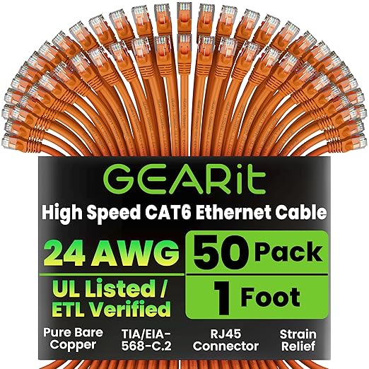 GEARit Cat 6 Ethernet Cable (50-Pack 1 Foot) Cat6 Network Patch, 10Gbps, RJ45, Snagless Cord, Gold-Plated Connectors, Internet for PC, TV, Tablet, Router, Printer, Servers, IT Data Center - Orange