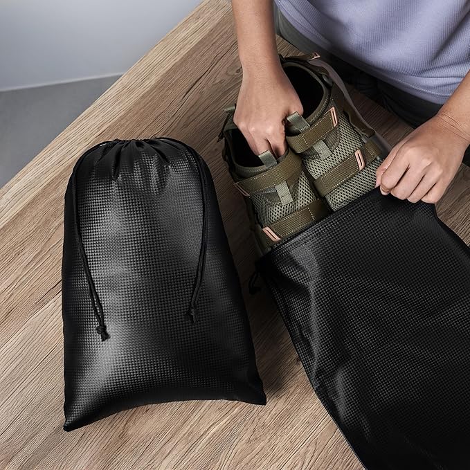PALTERWEAR Tech-Weave PU-Coated Drawstring Bags (Set of 5) Water-Resistant, Directional-Stretch Travel Organizers for Gym, Shoes, Toiletries, Tech Gear - Durable, Wipe-Clean (Black 3D, 10 x 15 Inch)
