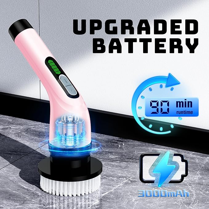 Electric Spin Scrubber - Cordless Bathroom Scrubber with 7 Brush Heads - Dual Speed IPX7 Waterproof Power Scrubber for Heavy-Duty Bathtub, Glass, Tile, and Car Cleaning (Pink)