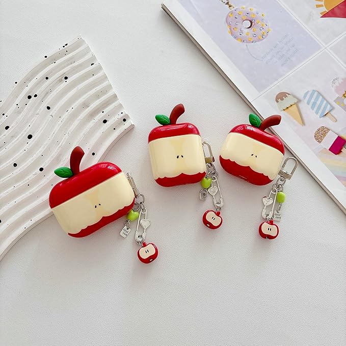 JANDM 3D Fruit Case with Keychain for AirPods 4,Cute Apples-Shaped Design Aesthetic Shockproof Cover with Strap Protective Cover for Women Girls