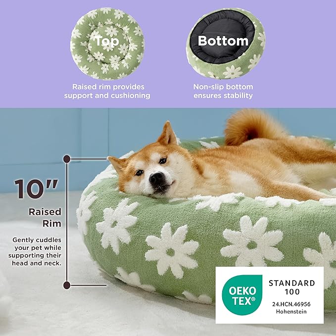 LE SURE Donut Large Dog Bed - Round Cat Beds for Indoor Anti-Anxiety Calming Pet Beds, Washable Cute Modern Beds with Jacquard Shaggy Plush & Anti Slip Bottom, 36 Inch, Green