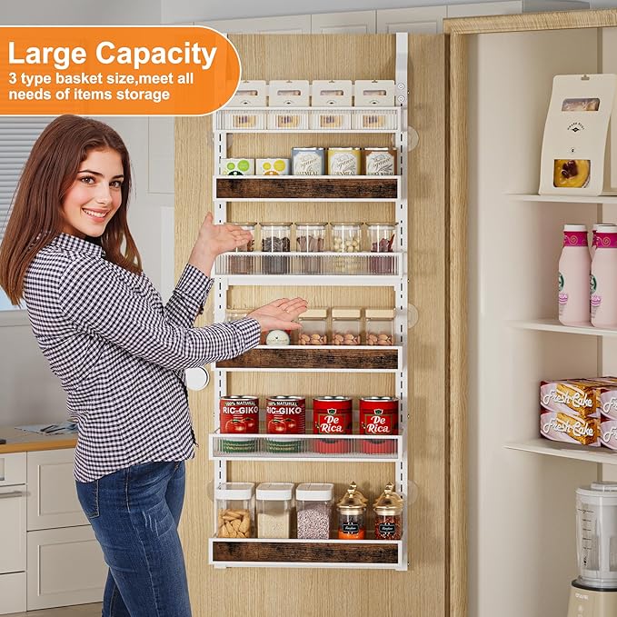 6 Tier Over the Door Pantry Organizer 2 IN 1 Hanging or Wall Mounted Spice Rack with Adjustable Basket,Heavy Duty Seasonning Storage Shelf for Kitchen Pantry and Bathroom