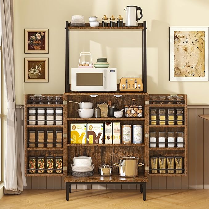 51" Pantry Cabinet, Kitchen Pantry Storage Cabinet with, Storage Shelves, Modern Kitchen Hutch with Microwave Stand, Adjustable Shelves, Food Pantry Cabinet for Dining Room (Brown)