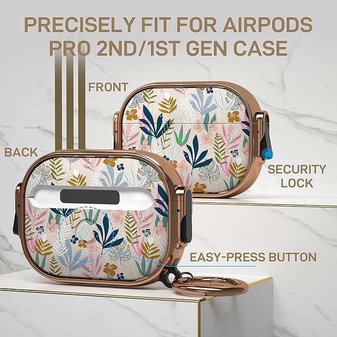 Maxjoy for AirPods Pro 2nd/1st Generation Case with Lock, Cute AirPods Pro 2 Case Lock Protective Hard AirPod Pro Cover for Women Men with Keychain for Airpod Pro (2023/2022/2019), Leaf