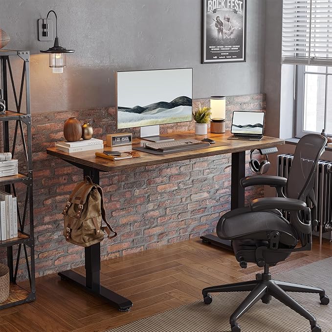 TIQLAB Electric Standing Desk, Adjustable Height Stand up Desk, 63 * 24 Inches Sit Stand Home Office Table with Splice Board, Rustic Brown