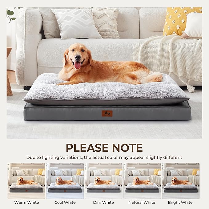 Washable Dog Bed for Medium Large Size Dog, Plush Pillow Pet Bed with Leather Egg-Crate Foam Base, Waterproof Kennel Bed with Removable Cover, 47" x 39" Comfort Cushion Bed, Dark Grey