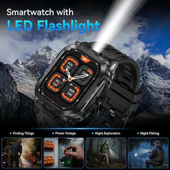 Smart Watches for Men,130 Days Extra-Long Battery,1.96" HD Display Answer/Make Call, Rugged Full Metal Body with LED Flashlight, 24/7 Heart Rate & Sleep Monitor, Compatible for Android & iOS