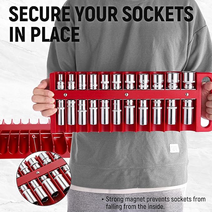 Magnetic Socket Organizer Set, 3 Pcs Red Portable Heavy Duty Socket Rail - Set: 1/4-Inch x 22 Pallets, 3/8-Inch x 28 Pallets, 1/2-Inch x 26 Pallets, Hold 76 Sockets - Fit Shallow&Deep Sockets
