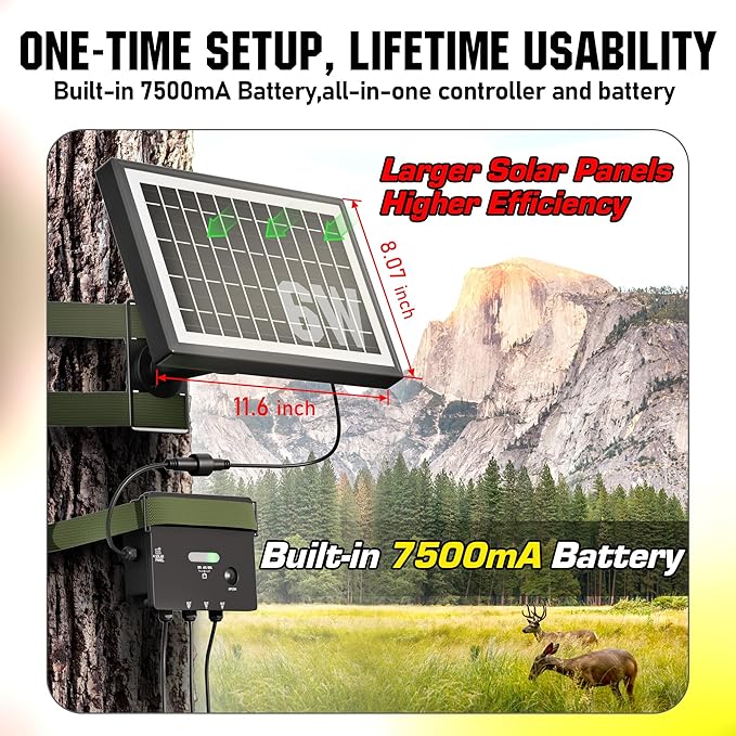 SUNAPEX Solar Panel for Trail Camera, Solar Battery Charger with Controller and Built-in 7500mA Battery, DC 6V/9V/12V Output, for Trail Camera Hunting Accessory (6W Solar Panel Kit)