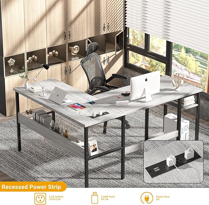 Unikito L Shaped Computer Desk with Magic Power Outlets and USB Charging Ports, Sturdy Reversible Corner Desk with Storage Shelves, Modern Work Desk for Home Office, Easy to Assemble, White Oak
