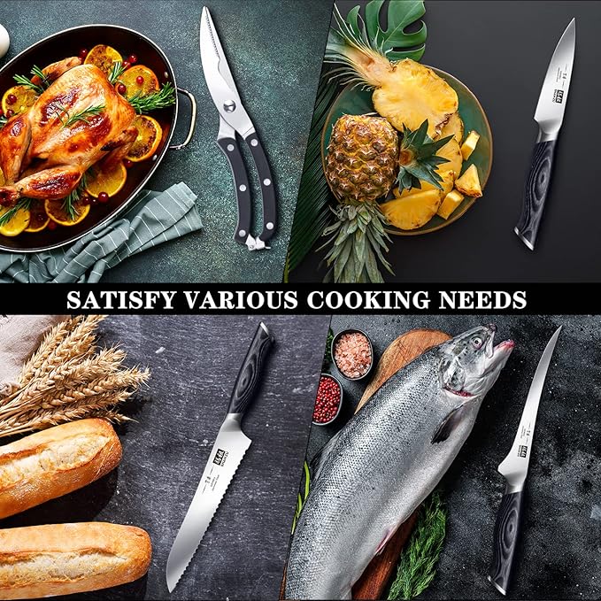 SHAN ZU Knife Sets for Kitchen with Block, Knife Block Set, Japanese Super Steel Kitchen Knife Sets with Removable Block & K133 Ergonomic Handle, Black Tortoise Genbu Series