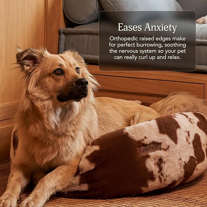 UnHide Floof Pet Bed - XL (40"x14") - Extra Soft Dog Bed - Removable Faux Fur Cover - Machine Washable - Helps Ease Pet Anxiety & Provides The Perfect Sleep - Cowhide