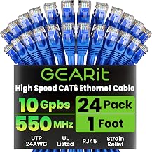 GEARit Cat6 Patch Cables Cat 6 Ethernet Cable 1 ft 24-Pack Blue - Image 1