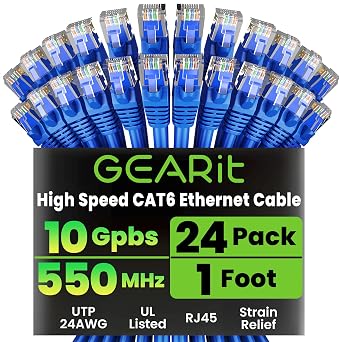 GEARit Cat6 Patch Cables Cat 6 Ethernet Cable 1 ft 24-Pack Blue