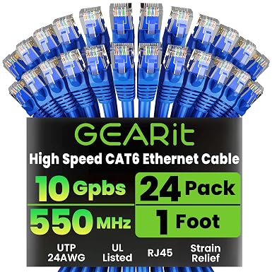 GEARit Cat6 Patch Cables Cat 6 Ethernet Cable 1 ft 24-Pack Blue