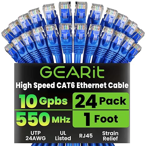 GEARit Cat6 Patch Cables Cat 6 Ethernet Cable 1 ft 24-Pack Blue
