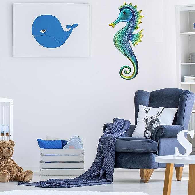 JOYBee 18inch Metal Large Seahorse Wall Art Decor,Christmas Decorations,Bathroom Ocean Glass Art Outdoor Hanging Beach Theme Decorations for Outdoor Indoor Kitchen Garden Patio,Porch or Fence