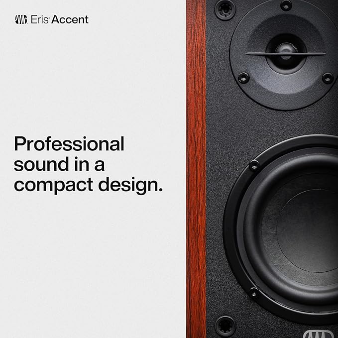 PreSonus Eris Accent Powered Bookshelf Speakers – 50W Wired Stereo Speakers for Record Player, Turntable, Desk & Home, Multiple Inputs, 4” Woofer, Studio Monitors, Tweeter, Remote, Sub Out, Wood Grain