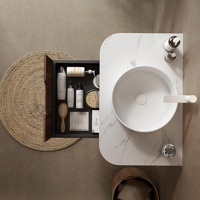 KEIKI 30" Bathroom Vanity Cabinet with Sink Combo, Wall Mounted Curved Edges Striped Floating Bathroom Vanity with Soft-Close Drawer, White Round Ceramic Basin Without Faucet, Dark Walnut
