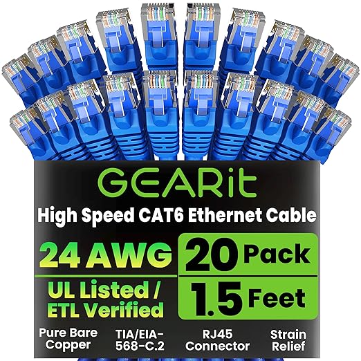 GEARit Cat 6 Ethernet Cable Pack - 20-Pack 1.5 ft Cat6 Ethernet Patch Cables | RJ45 Network Patch Cable, 10 Gbps Snagless Gold-Plated Connectors - Ethernet Cable Cat 6 for PC, TV, Router - Blue