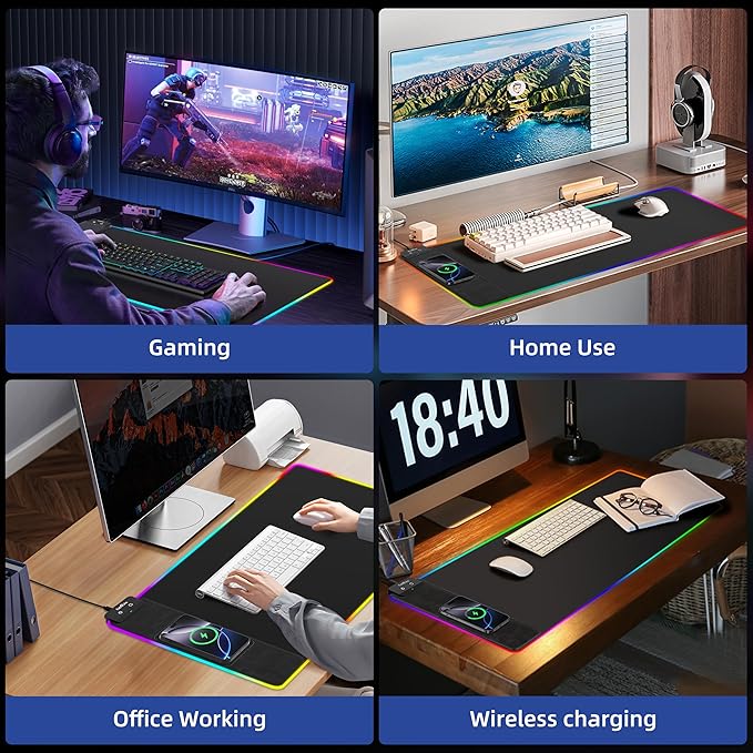 Mouse Pad with Wireless Charging, RGB Gaming Mousepad, Large Desk Mat with Ultra-Smooth Surface, Non-Slip Mouse Mat, Waterproof Computer Keyboard Pad with 18W QC Power Adapter, 800x400x4MM, Black