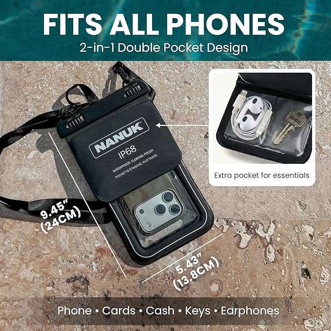 NANUK Waterproof Phone Pouch – IP68 Floating Underwater Dry Bag for Snorkeling & Beach – Touchscreen Case with Adjustable Crossbody Strap, Dual Pockets – Fits All Smartphones (9.45" x 5.43") – Black