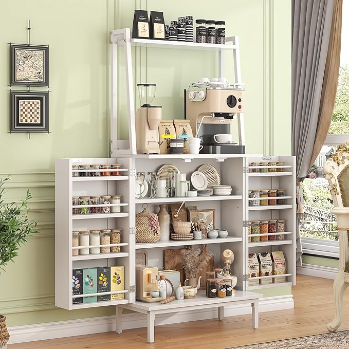 51" Pantry Cabinet, Kitchen Pantry Storage Cabinet with, Storage Shelves, Modern Kitchen Hutch with Microwave Stand, Adjustable Shelves, Food Pantry Cabinet for Dining Room (White)