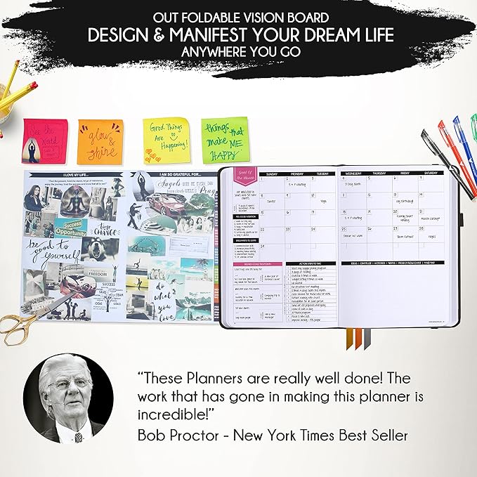 Law of Attraction Planner – Undated Hourly, Weekly & Monthly Goal Setting Planner, 12-Month to Increase Productivity | Life & Gratitude Journal, Include Foldable Vision Board, Gift Box & Stickers