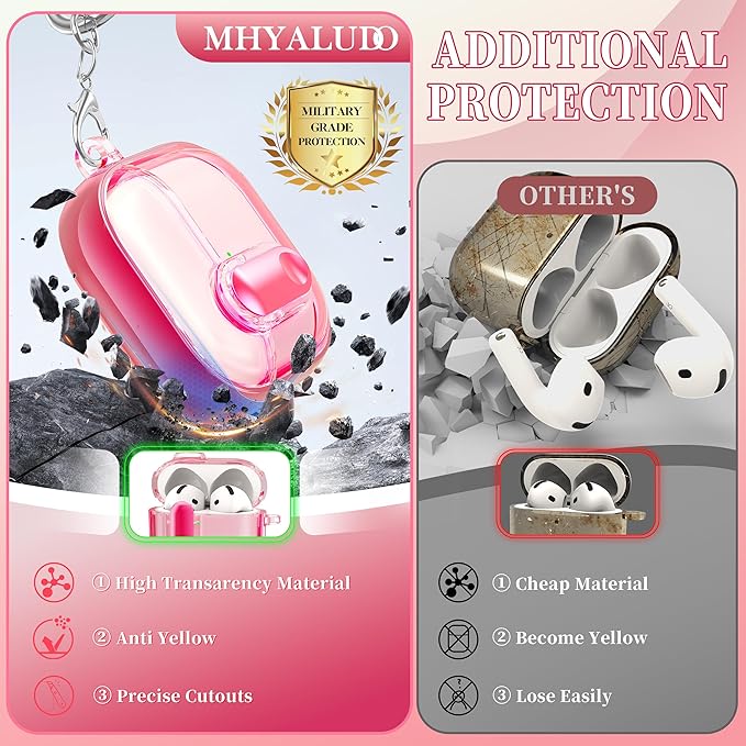 for AirPods 4th Generation Case 2024 with Bright Plated Bezel and Switches, Military-Grade Shockproof Transparent Anti-Yellowing for AirPods 4 Cover, Peach Pink