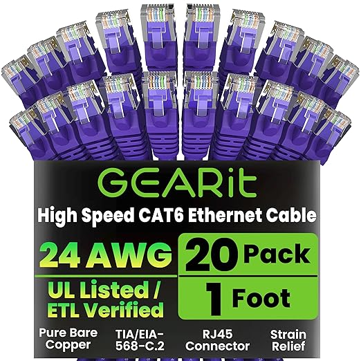 GEARit Cat 6 Ethernet Cable (20-Pack 1 Foot) Cat6 Network Patch, 10Gbps, RJ45, Snagless Cord, Gold-Plated Connectors, Internet for PC, TV, Tablet, Router, Printer, Servers, IT Data Center - Purple