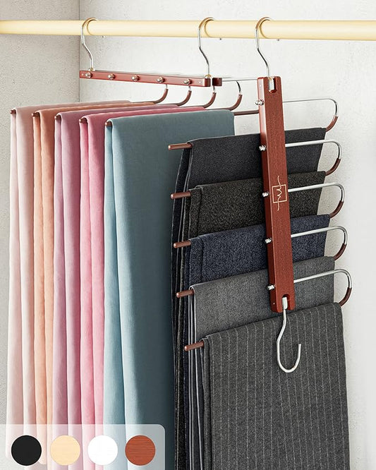MORALVE Pants Hangers Space Saving - European Beechwood Scarf and Jean Hangers - Closet Organizer and Space Saver Pant Rack, Leggings Hanger, and Scarf Holder with 360° Swivel Hook (1 Pack)