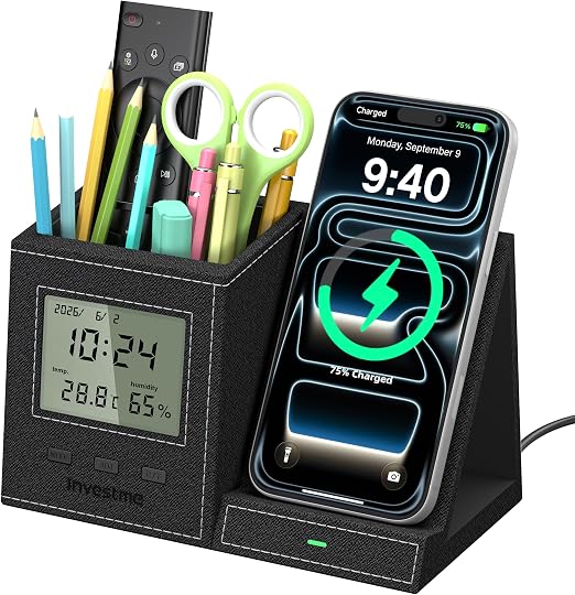 5-in-1 Pen Holder with Wireless Charger, Desk Organizer