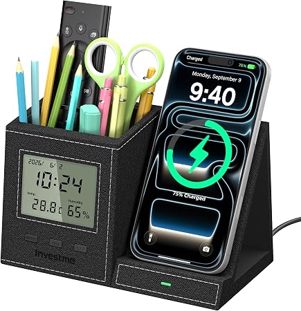5-in-1 Pen Holder with Wireless Charger, Desk Organizer