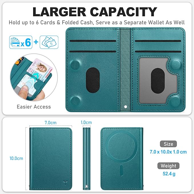 TUCCH for Magsafe Wallet with 6 Card Holders, RFID Blocking [Clear ID Window] PU Leather Folio Magnetic Phone Wallet for iPhone 17/16/15/14/13/12/Plus/Air/Pro/Pro Max Series, Teal Green