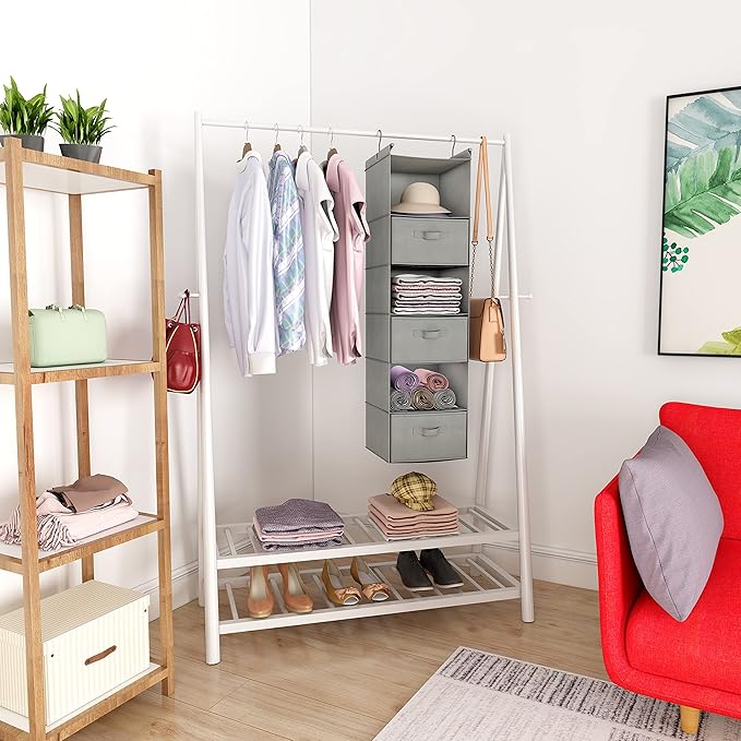 MAX Houser 6 Tier Shelf Hanging Closet Organizer, Closet Hanging Shelf with 2 Sturdy Hooks for Storage, Foldable (Light Grey-D3)