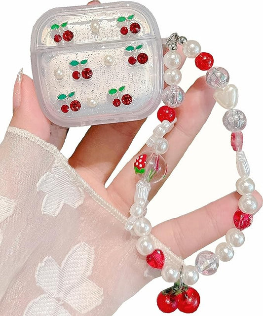 JANDM 3D Cherry Case with Keychain for AirPods 4, Clear Diamonds Aesthetic Shockproof Cover with Cute Pearl Strap for Women Girls Protective Cover