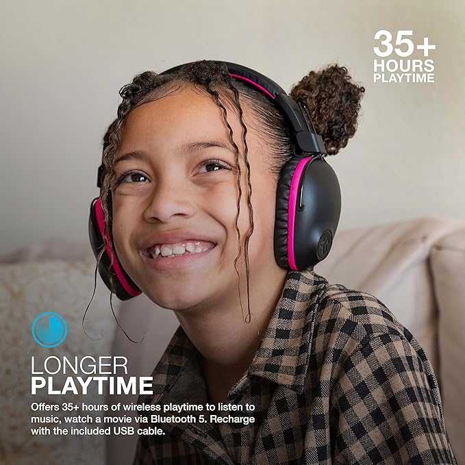 JLab JBuddies Pro Wireless Over-Ear Kids Headphones, 35+ Hour Battery Life, Built-in Volume Regulators for Safety, Share Mode, Folding, Adjustable, Noise Isolation, with Mic, Pink