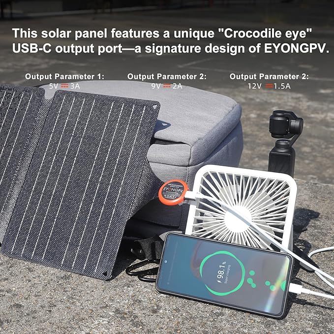 EYONGPV 30W Portable Foldable Solar Panel & Solar Charger with Croc-Eye USB-C PD Fast Charging Output, IP67 Waterproof Compact Solar Charger for Phones, Power Banks, Camping, Hiking, Backpacking