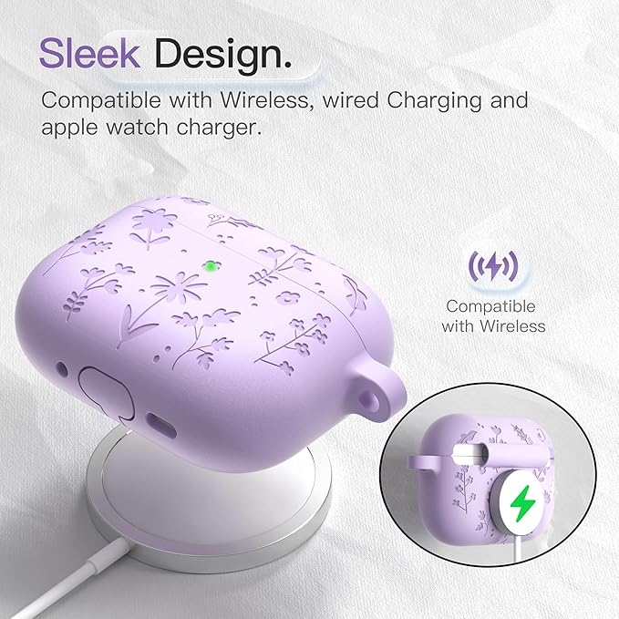 for AirPods Pro 3 Case (2025) DamonLight Floral Engraved Shockproof Protective Soft Silicone Case Cover with Cleaning Pen and Floral Keychain for Apple Airpods Pro 3rd Generation (Purple)