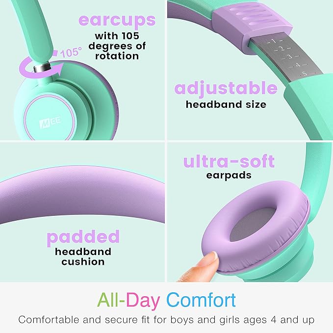 MEE audio KidJamz KJ45 Children’s Safe Listening Headphones with Volume Limiter & Microphone, Adjustable On-Ear Kids Headset Wired w/3.5mm Jack for Online Learning/School/Travel/Tablet (Mint/Lavender)