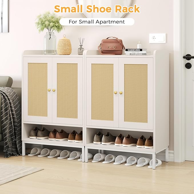 JASIWAY Rattan Shoe Cabinet Storage for Entryway, Shoe Cabinet with Adjustable Shelves for Entryway, 5-Tier, 20 Pair Shoe Rack Storage for Hallway, Closet, Living Room, White